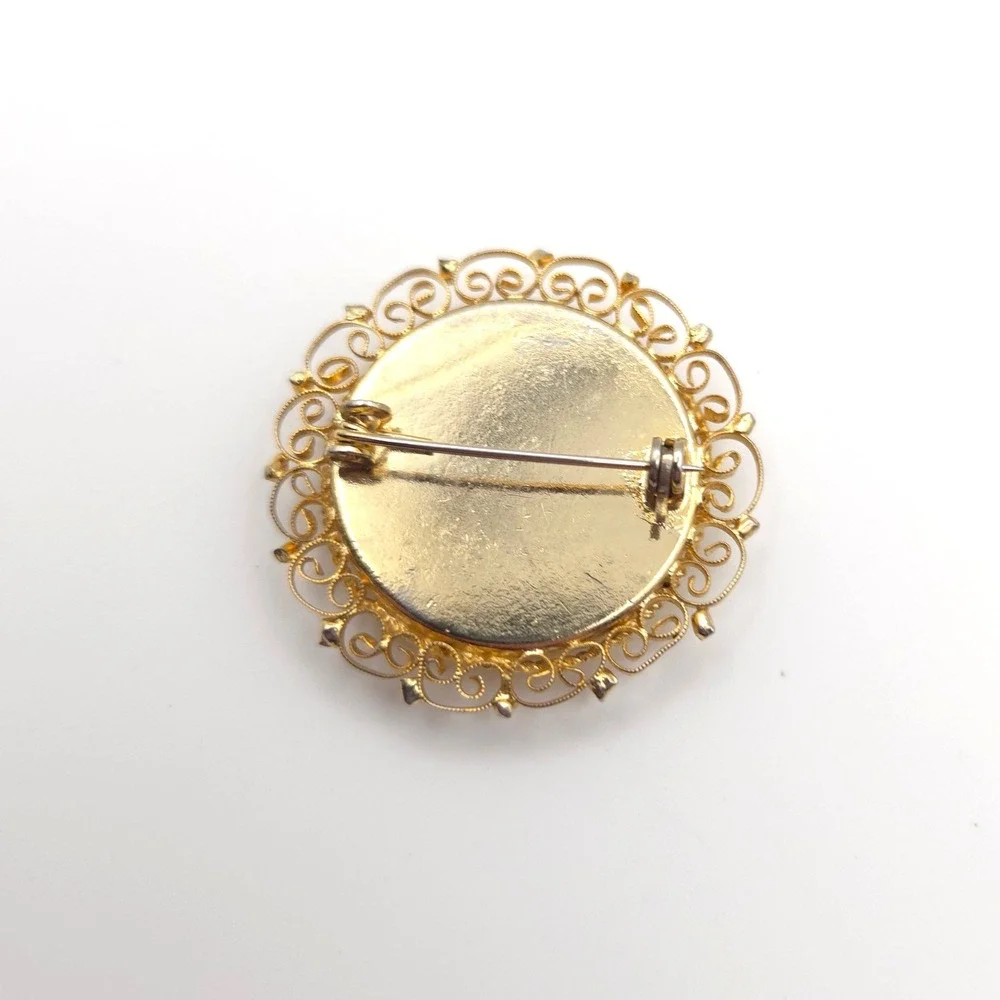 Vintage Italian Micro Mosaic Floral Brooch‎ Gold Tone Filigree Round Pin